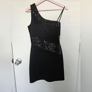 Juniors One Shoulder Sparkly Mini Dress, black